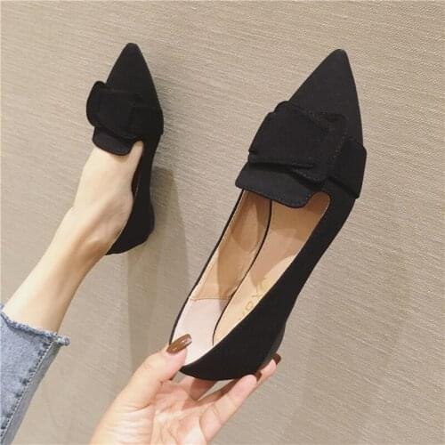 Shallow mouth big bow knot flat shoes woman soft bottom working/driving shoes ladoes pointed toe flock ballerina shoes 41 NS52
