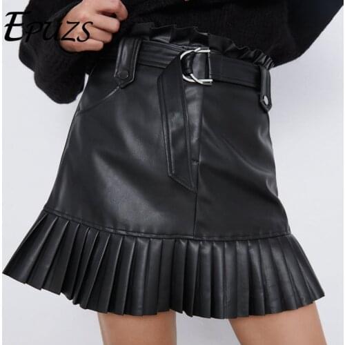 Ruffle high waist skirt mini sexy short skirts black Sash skirt elegant leather skirts women faux leather skirt with pockets