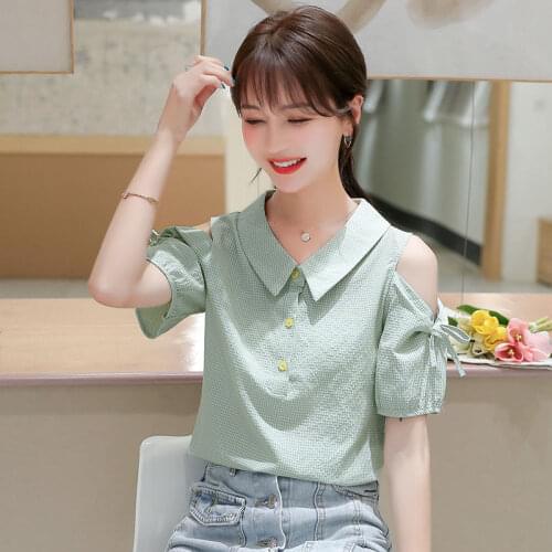 2021 Summer New Korean Style Womens Blouse Fashion Loose Short Sleeve Shirts Female Plaid Sexy Off-Shoulder Blouse Tops L288