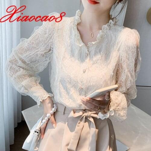 2021 Spring Lace V Neck Long Sleeve Women Chiffon Blouse Plus Size Elegant Woman Pearl Button Shirts Female Top Clothing