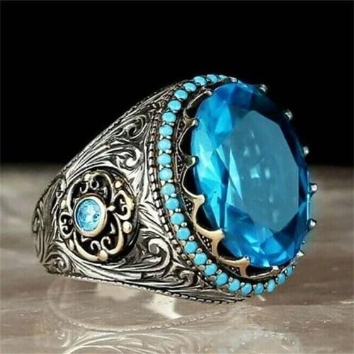 Women Rings Irregular Big Blue Rhinestone Rings Banquet Couple Wedding Retro Rings Fashion Jewelry Birthday Gift for Girlfriend