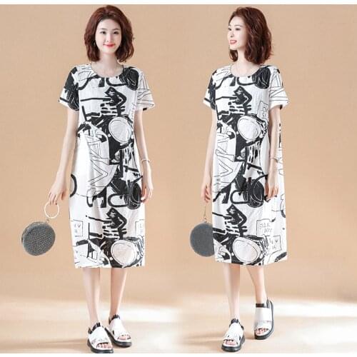 Mujer Cotton Linen Dresses 2020 New Summer Retro Short-sleeved Dress Womens Slimming Large Size Loose Printed Vestidos A864