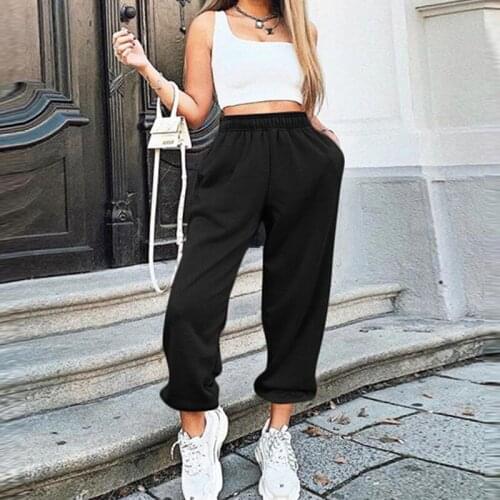 Women Casual Pants Sweatpants Loose Elastic Waist Pants Solid Sweatpants Baggy Ankle-length Trousers High Waist 2020