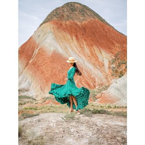 Free Shipping 2021 Fashion Spring And Autumn Green Chiffon Long Maxi Women Full Sleeve S-L Dot V-Neck High Low Irregural Dresses