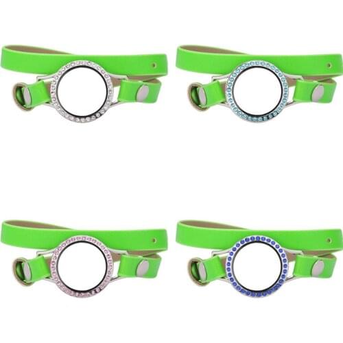 5pcs/lot 30mm Different color crystals Glass Locket 37CM Green Double Wrap PU Leather Bracelet Wristband With 50pcs Charms