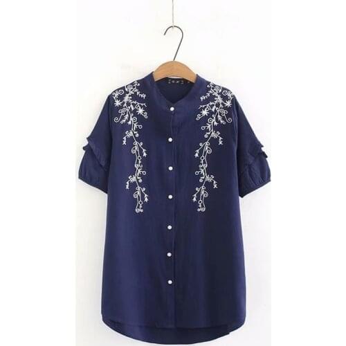 Plus size Embroidery striped women blouse 2019 summer NEW cotton short sleeve ladies stand collar blouse female tee