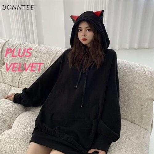 Black Hoodies Women Cat-ear Patchwork Japanese Style Cute Trendy Leisure Popular Kawaii Harajuku Female Clothing Plus Velvet