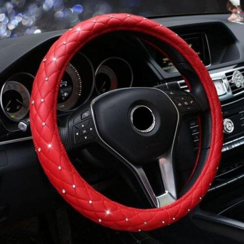 Black / Red Cystal Steering Wheel Cover with PU Leather Rhinestones Universal 15 Inch Auto Steering Wheel For Lady Girls