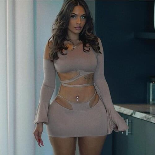 CHRONSTYLE Sexy Women 2 Pieces Set Clubwear Party 2021 Long Flare Sleeve V-neck Drawstring T-shirts Crop Tops Hollow Out Skirts