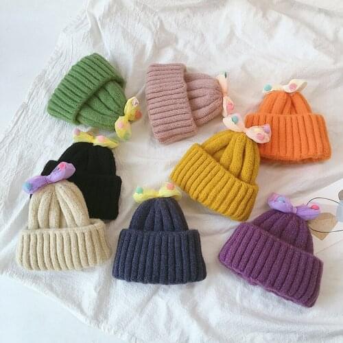 Childrens winter cute hat new pumpkin woolen hat girl color ball bowknot thickened warm knitted hat