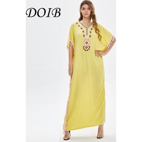 DOIB Abaya Embroidery Long Robe Dubai Muslim Arabic Tassel Dress Turkey Islam Ramadan Eid Robe Longue Musulman Kafan Dress