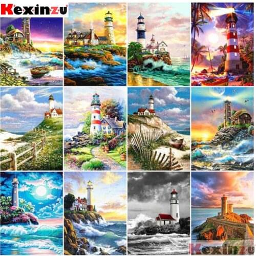 Kexinzu 5D DIY Diamond Painting Full Square Lighthouse Diamond Embroidery Mosaic Cross Stitch Landscape Seaside Decorations Home