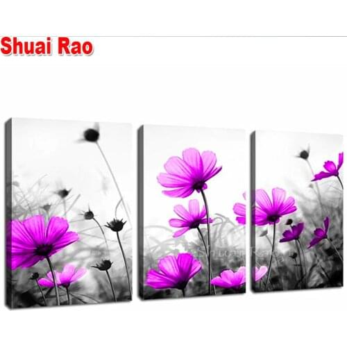 3 Piece Full Round Diamond embroidery Wildflowers,Black and White Flower Square Diamond Painting Mosaic Triptych 3d Sticker Art
