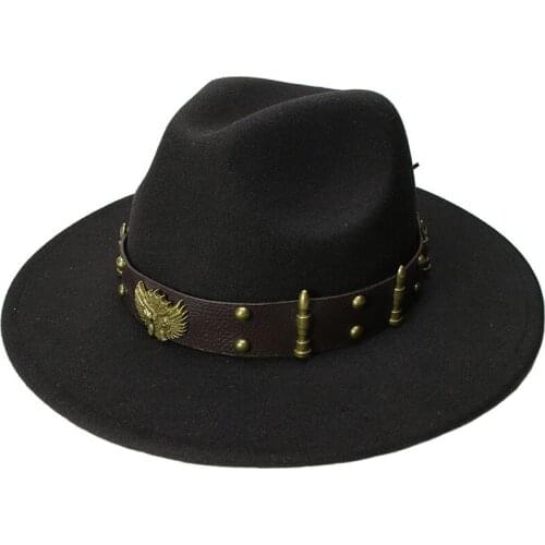 LUCKYLIANJI Retro Kid Child Vintage 100% Wool Wide Brim Cap Fedora Panama Jazz Bowler Hat Two Guns Leather Band (54cm/Adjusted)