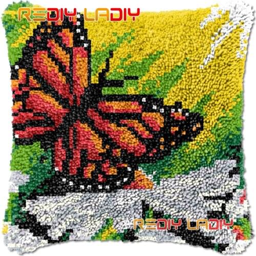Latch Hook Cushion Red Butterfly DIY Needlepoint Kits Chunky Acrylic Yarn Arts Crocheting Lofty Pillow Case Hobby & Crafts