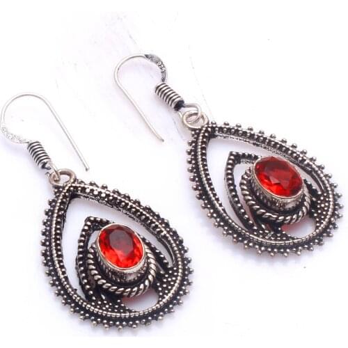 Genuine Garnet Silver Overlay on Copper Earrings , Hand made Women Jewelry Gift, E5805