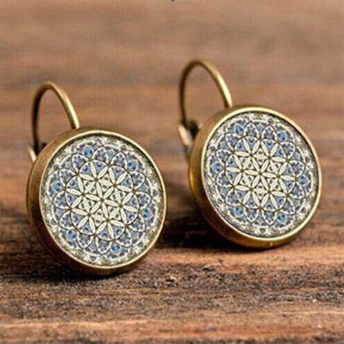 Charm Mandala Symbol Zen Buddhism Earings For Women Vintage Glass Cabochon Pattern Ear Studs Brincos Ear Nail Jewelry