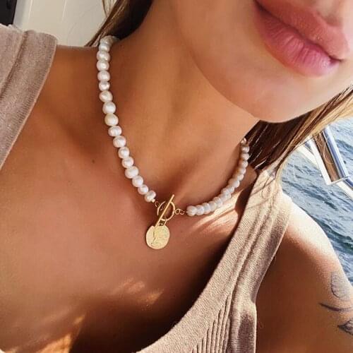 LIMARIO Elegant Gold Color Coin Pendant Necklace for Women Irregular Natural Pearl Chokers Necklaces Korean Jewelry Gift