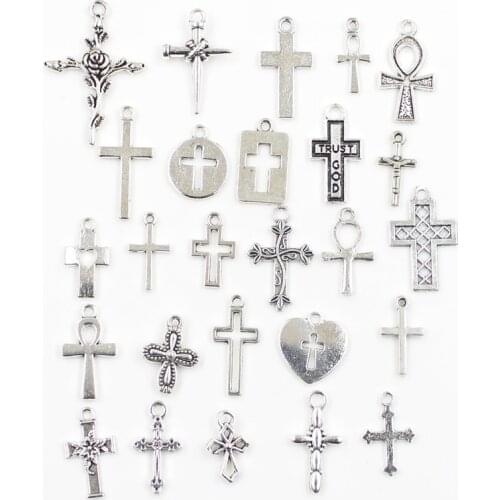 30pcs Charms Cross Egyptian Ankh Life Symbol Flower Cross Antique Silver Color Mixed Pendants DIY Findings Tibetan Jewelry Craft