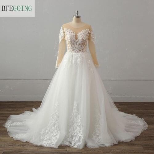 Luxurious White Lace Tulle Long Sleeves Bridal gown Floor-Length A-line Wedding dresses Chapel Train Custom made