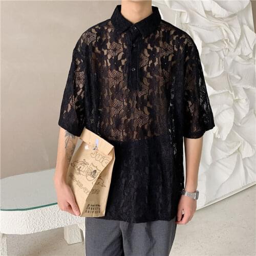 Summer Party Nightclub Shirt Men Korean Fashion Loose Casual Shirt Men Streetwear Mesh Cloth Flower Short-sleeved Shirt Men
