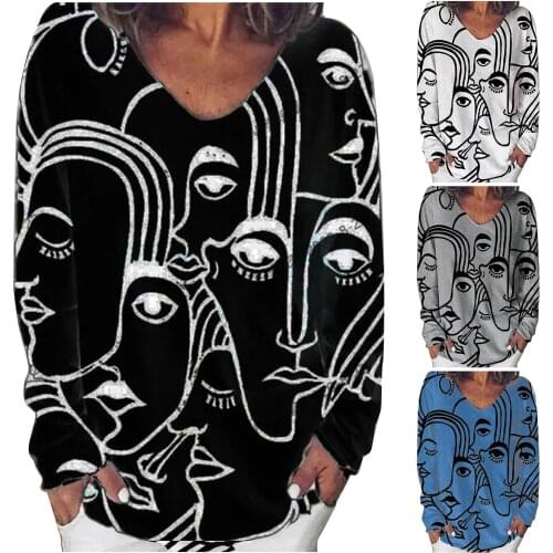 Abstract Printing Shirts Fashion Blouse Women Loose V-neck Long-sleeved Top Bottoming Shirt Streetwear Shirts Blouses Blusas