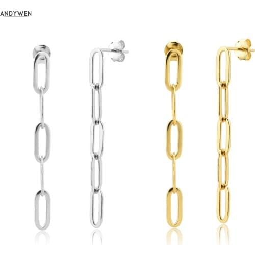ANDYWEN 925 Sterling Silver Gold Ovals Locker Chain Drop Earring Square Luxury Women Crystal Plain Circle Rock Punk Jewelry