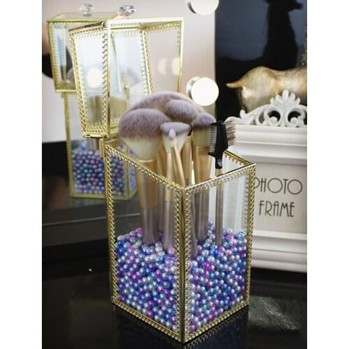 With lid Brush storage glass retro luxury makeup brush storage tube transparent storage box desktop pen holder dressing table