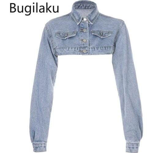 Bugilaku Vintage 2021 Autumn New Denim Jacket Turn Down Collar Single-breasted Short Casaco Feminio Casual Fashion Solid Coats