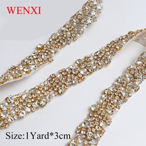 WENXI 5YARD Handmade Sewing On stickon Bridal pearl Crystal Rhinestone Applique Trim For Wedding Dress Sash WX880