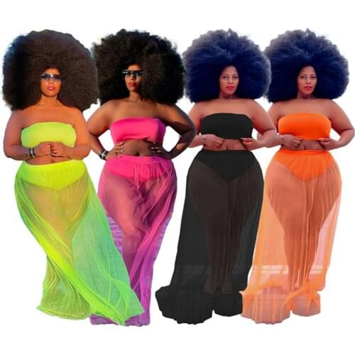 RStylish Plus Size 2021 Women Clothing Solid Strapless Crop Tops Mesh See-Through Loose Skirts Summer 2 Piece Sets