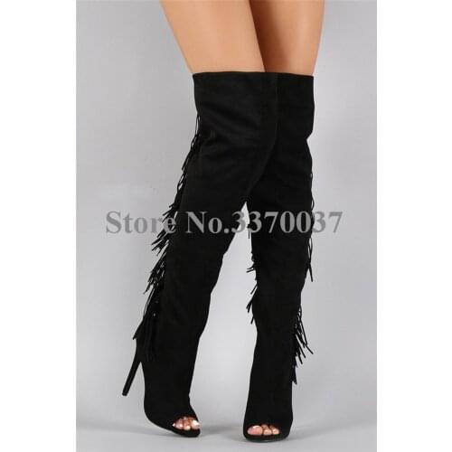 High Quality Women Fashion Open Toe Black Suede Leather Tassels Over Knee Gladiator Boots Cut-out Long Fringes High Heel Boots