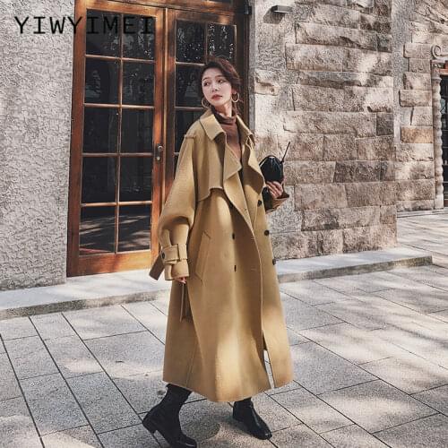 Korea Women Autumn Winter Double Breasted Long Wool Coat Ladies Long Sleeve Notched Collar Overcoat Parka Jacket Vintage