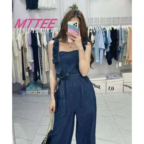 Denim Korean Fashion Clothing For Womens High Waist Ropa Mujer Female Fashion bodysuit Lotus Sleeve Overalls Women Plus Size