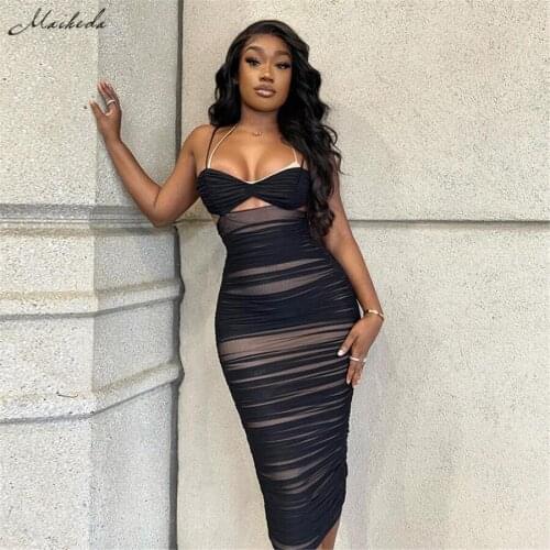 Macheda Summer Black Sling Slim Dress Women Hollow Out Sexy Sleeveless V Neck Clothing Fashion Lady Party Long Dresses 2021 New