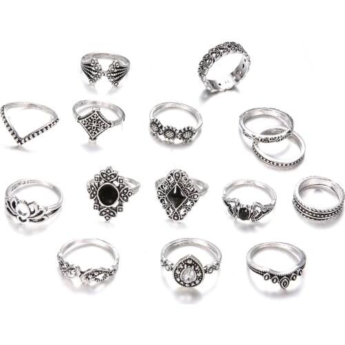 15pcs Vintage Women Crystal Finger Knuckle Rings Set For Girls Moon Lotus Charm Bohemian Ring Fashion Jewelry Gift