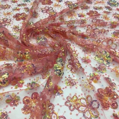 5yards/pc) Lovely small flowers embroidered African beaded sequins net lace high quality tulle lace fabric for party FSS346