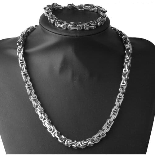 8MM Never Fades Stainless Steel Silver Color Byzantine Box Chain Mens Womens Necklace 24" & Bracelet 8.66" Jewelry Sets Wholsale