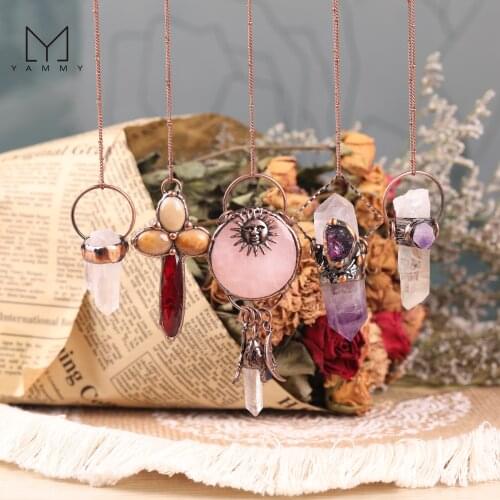 White Crystal Hexagonal Prism Pendant,Irregular Crystal Bronze Wire Winding Material Connector Necklace Jewelry,Contains Chain