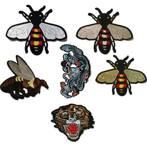 Big Bee Iron Patch Bee Insect Animal Tiger Unicorn Dragon Embroidery Patch Clothing Stripe Decal Sequin DIY Brooch