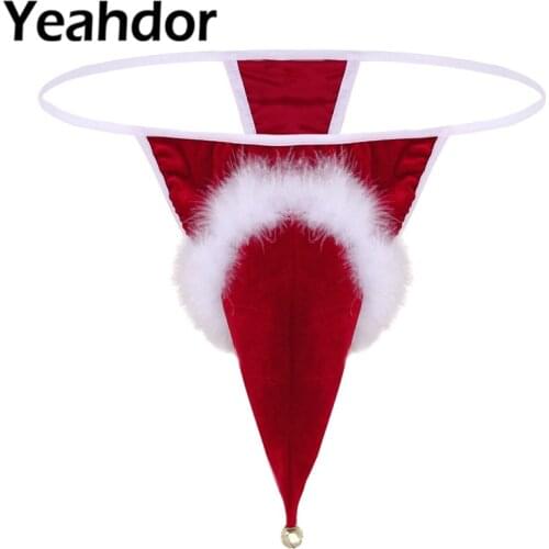 Gay Mens Sissy Lingerie Male Red Velvet Santa Hat Christmas Holiday Fancy Sexy Panties G-string Thong Underwear with Small Bell