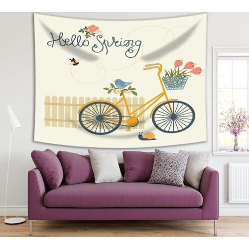 Tapestry Bicycle Flowers Bird Bee Snail And Fence "Hello Spring" Spring Theme Art in Yellow Dark Blue Coral colors Print