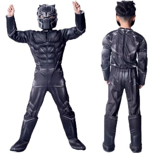 Halloween Muscle Black Costumes Panther Kids With Mask Costume Captain Civil War Black leopard Cosplay Superheroes Suits 4-12Y