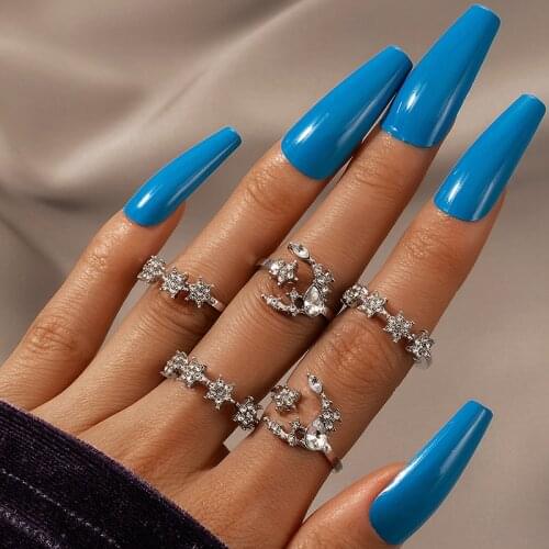 Docona 5pcs/sets Bohemia Crescent Star Rings for Women Adjustable Geometric Crystal Joint Midi Ring Set Jewelry Anillos 6083