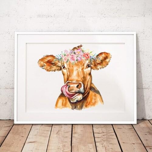 Cow With Flowers Animal Print Farmhouse Wall Art Canvas Painting , Animals Cattle Watercolor Floral Poster Picture Decoration