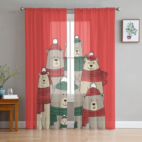 Cartoon Bear Red Sheer Curtains for Living Room Bedroom Kitchen Chiffon Tulle Curtains Home Hotel Coffee Decor