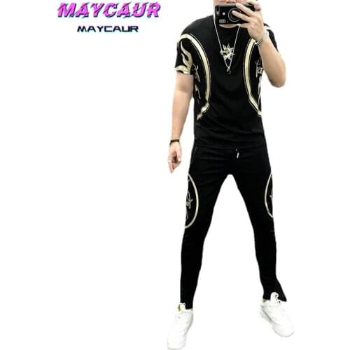 Summer Fashion Korean Mens Set Ice Silk Printing Sports and Leisure T-shirt Trousers Two-piece Jogger Suit Clothes for Men