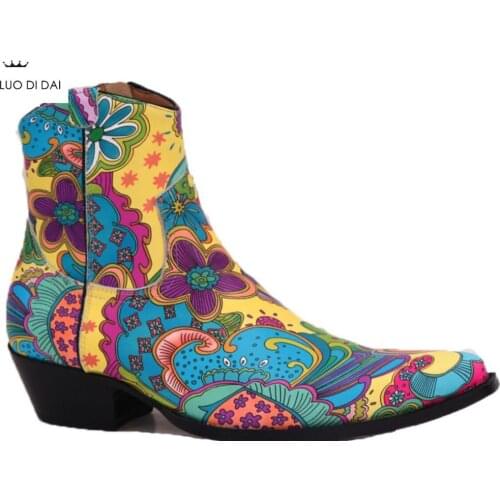 2019 new fashion men boots print leather chelsea boots male party shoes mix color ankle booties pointed toe western boots men
