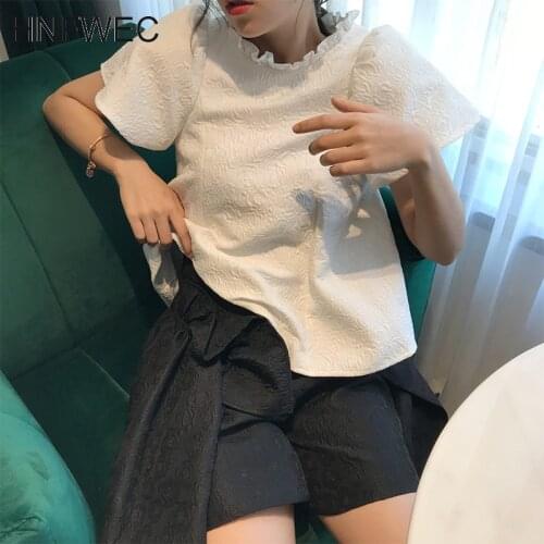 New round neck short sleeves summer peter pant collar dobby shirt and asymmetrical black shorts match V474