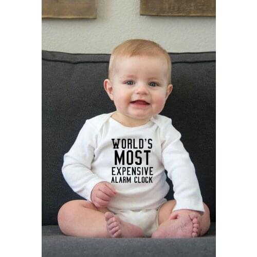 Autumn Srping Long Sleeves Worlds Most Expensive Alarm Clock Letter Printed Jumpsuit PlaysuitsBaby Boys Girls Romper Outfits